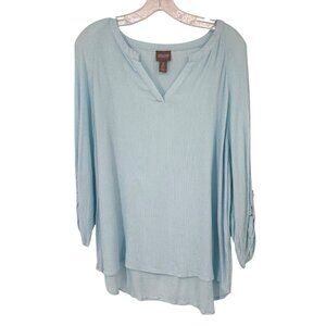 Chicos 2 Womens Light Blue V-Neck Crinkle Rayon Blouse Tunic Top Size Large